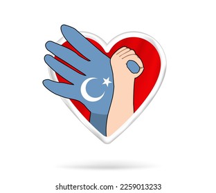 A helping hand of hope for earthquake victims. In the heart. Turkish flag. Turkey earthquake. Major earthquakes in eastern Turkey on February 6, 2023.