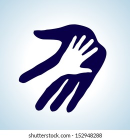 Helping hand illustration in white and blue. Concept of help, assistance and cooperation.