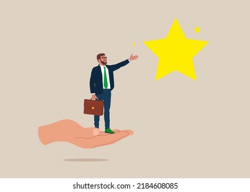 Helping Hand Lift Up Businessman Employee To Overcome Obstacle Reaching The Star In The Sky. Career Development Support,  To Help Reach Business Goal To Achieve Target.