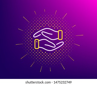 Helping hand line icon. Halftone pattern. Charity gesture sign. Giving palm symbol. Gradient background. Helping hand line icon. Yellow halftone pattern. Vector