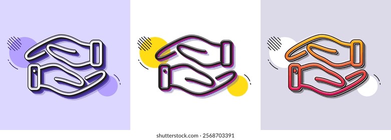 Helping hand line icon. Halftone dotted pattern. Gradient icon with grain shadow. Charity gesture sign. Giving palm symbol. Line helping hand icon. Various designs. Vector