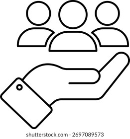 Helping hand line icon symbolizing donation, charity, and support in clean outline style for social or humanitarian design themes