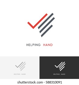 Helping hand logo - palm with check mark or tick symbol. Business, success and charity work vector icon.