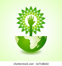 Helping hand make tree on earth - vector illustration