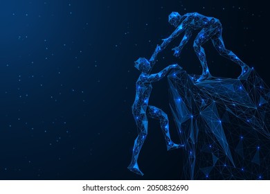 A helping hand. A man on top of a mountain helps another to climb. A low-poly construction of interconnected elements. Blue background.