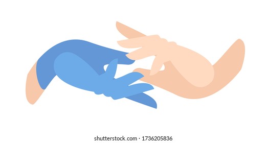 helping hand of a paramedic. first aid. hand of a medic in a protective blue glove takes the patient’s hand. Latex gloves as a symbol of protection against viruses and bacteria. medical care.