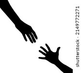The helping hand reaches out to the other hand. Vector illustration. Black silhouettes isolated on white background.
