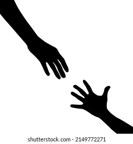 The helping hand reaches out to the other hand. Vector illustration. Black silhouettes isolated on white background.