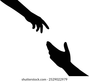 The helping hand reaches out to the other hand. vector cartoon illustration. Black silhouettes isolated on white background.