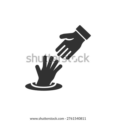 Helping hand reaching drowning person icon. Rescue assistance and emergency help. Monochrome black and white symbol