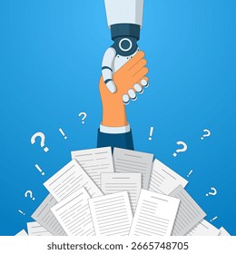 Ajudando a mão do robô com IA a uma pessoa. Conceito de libertar uma pessoa de tarefas de rotina com a ajuda de inteligência artificial. Ilustração vetorial.