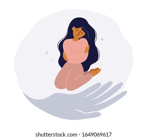 Helping hand for sad girl. Unhappy woman sitting on knees, hugging yourself. Concept of psychologist help for young depressed woman. Vector illustration of mental health problem, feeling of frustrated