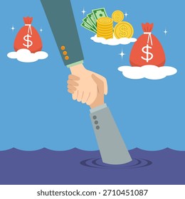 Hilfe Hand, Rettung Business Hand Ertrinken. Handkonzept für die finanzielle Unterstützung. Illustration, Cartoon, Vektor.