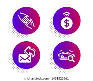 Helping hand, Share mail and Contactless payment icons simple set. Halftone dots button. Search car sign. Give gesture, New e-mail, Financial payment. Find transport. Business set. Vector