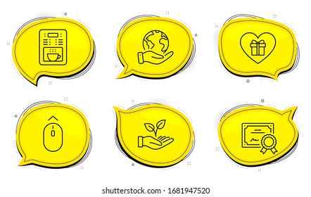 Helping hand sign. Diploma certificate, save planet chat bubbles. Coffee maker, Swipe up and Romantic gift line icons set. Tea machine, Scrolling page, Surprise with love. Startup palm. Vector