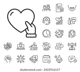 Helping hand sign. Online doctor, patient and medicine outline icons. Volunteer care line icon. Donation symbol. Volunteer line sign. Veins, nerves and cosmetic procedure icon. Intestine. Vector