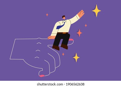 Helping hand, success, business development concept. Businessman sitting on huge human hand and reaching out for star achieving goal and target over purple background 