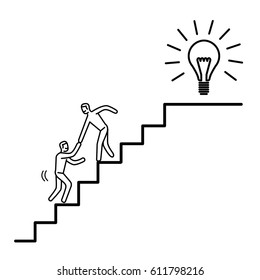 Helping hand to success. Vector business illustration of businessman collaboration on stairs to goal | modern flat design linear concept icon and infographic black on white background

