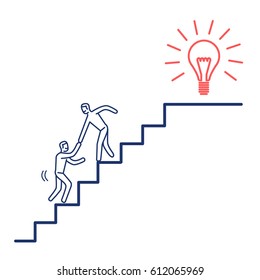 Helping hand to success. Vector business illustration of two businessman's collaborating on stairs to goal | modern flat design linear concept icon and infographic red and blue on white background
