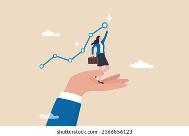 Helping hand support for business success, growth or reach target, career progress or improvement, assistance or advice, solution concept, hand helping businesswoman to reach success growing chart.