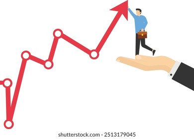 Helping hand support for business success, growth or reach target, career progress or improvement, assistance or advice, solution concept, hand helping businesswoman to reach success growing chart.

