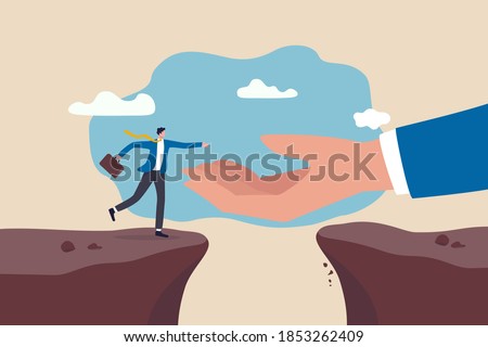 Helping hand support in career development, solve business problem or overcome obstacle concept, god hand reach to help or recuse businessman cross the cliffs.