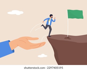 Helping hand or support concept. Assistance or advice to reach next level, help achieve success. Big hand help businessman to jump up the cliff reach success. Flat business vector illustration.