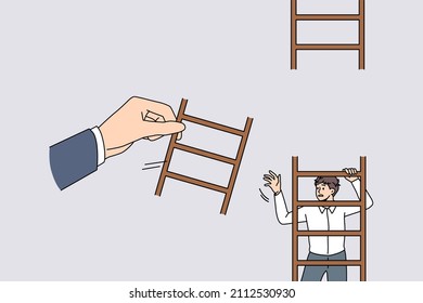 Helping hand and support concept. Human hand helping young businessman giving missing piece of ladder for climbing up achieving goals targets vector illustration 