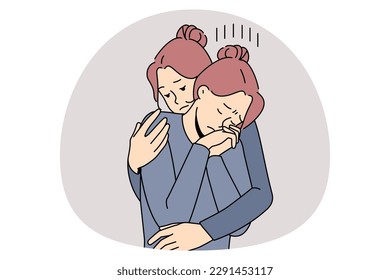 Helping hand and support concept. Sister or friend embracing sad depressed tine sad girl having heavy thoughts feeling sad and disappointed vector illustration