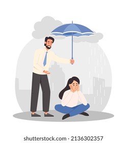 Helping hand and support concept. Unhappy woman with depression sitting on floor on rainy day and sad, and man holding umbrella over her. Sympathetic friend. Cartoon flat vector illustration