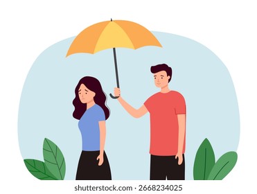 Ajudando a mão e conceito de apoio. Mulher infeliz com homem segurando guarda-chuva sobre ela. Amigo simpático.