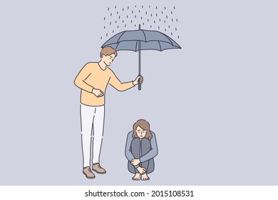 Helping hand and support concept. Young man cartoon character holding umbrella above sad frustrated depressed girl sitting on floor on rainy day vector illustration 