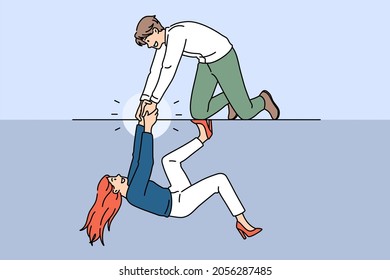 Helping hand and support concept. Young smiling man cartoon character sitting on knees giving hand to woman helping her to climb up vector illustration 