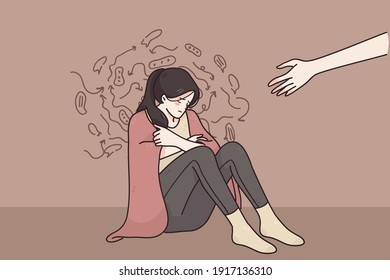 Helping hand, support, depression concept. Someone giving hand to depressed crying unhappy woman sitting on floor with negative thoughts in blanket vector illustration 