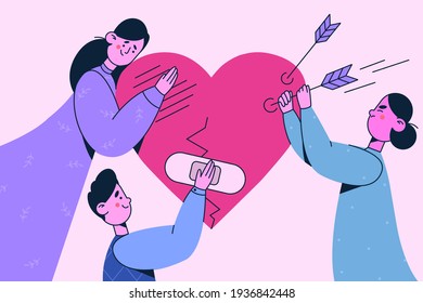 Helping hand, support, volunteering concept. Three kind young people cartoon characters curing and reanimating broken damaged heart together vector illustration 