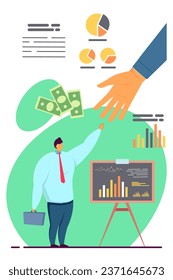 Helping hand supporting young businessman vector illustration. Graphs, charts, dollar banknotes on background. Assistance, support, guidance in business, mentorship concept