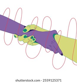 Helping hand with trapped in red tangled strings. Gesture, sign of help and hope