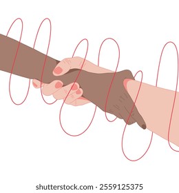 Helping hand with trapped in red tangled strings. Gesture, sign of help and hope