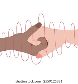 Helping hand with trapped in red tangled strings. Gesture, sign of help and hope