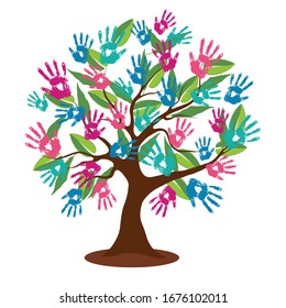 A helping hand: tree made of diverse handprints shape. Human tree with hand prints. EPS10 vector.