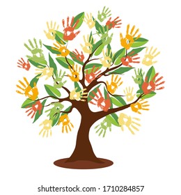 A helping hand: tree made of diverse handprints shape. Hand-prints tree. EPS10 vector.
