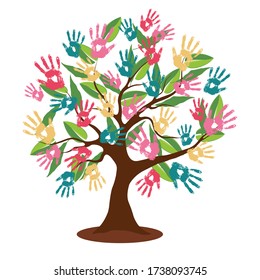 A helping hand: tree made of diverse handprints shape. Community team concept illustration for culture diversity, nature care or teamwork project. EPS10 vector.