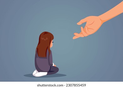 
Helping Hand Trying to Protect Little Girl Suffering Vector Illustration. Adoptive parent supporting a lonely sensitive child 
