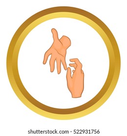 Helping hand vector icon in golden circle, cartoon style isolated on white background