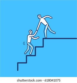 Helping hand. Vector illustration of businessman supporting on the way up on stairs | modern flat design linear concept icon and infographic on blue background