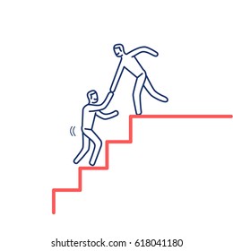 Helping hand. Vector illustration of businessman supporting on the way up on stairs | modern flat design linear concept icon and infographic red and blue on white background