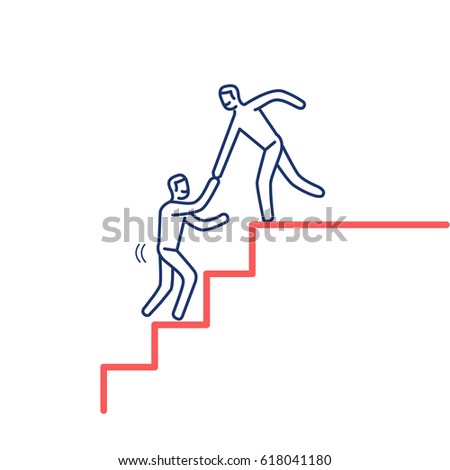 Helping hand. Vector illustration of businessman supporting on the way up on stairs | modern flat design linear concept icon and infographic red and blue on white background