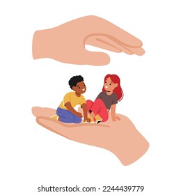 Helping Hands Care of Little Children Sitting on Palm. Concept of Social Help, Charitable Support And Protection Of Kids. Society Support, Upbringing Orphans. Cartoon People Vector Illustration