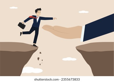 Helping hands in career development, solving business problems or overcoming business obstacles, God's hand reaches out to help entrepreneurs overcome cliffs. Successful businessman illustration.