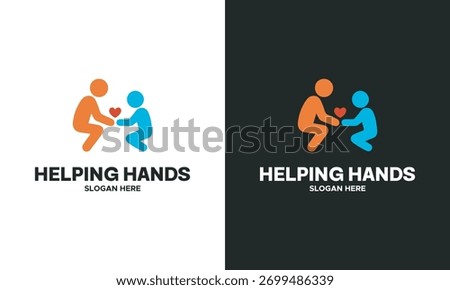 Helping Hands charity logo design showing two people sharing a heart symbol, concept of support, care and kindness.